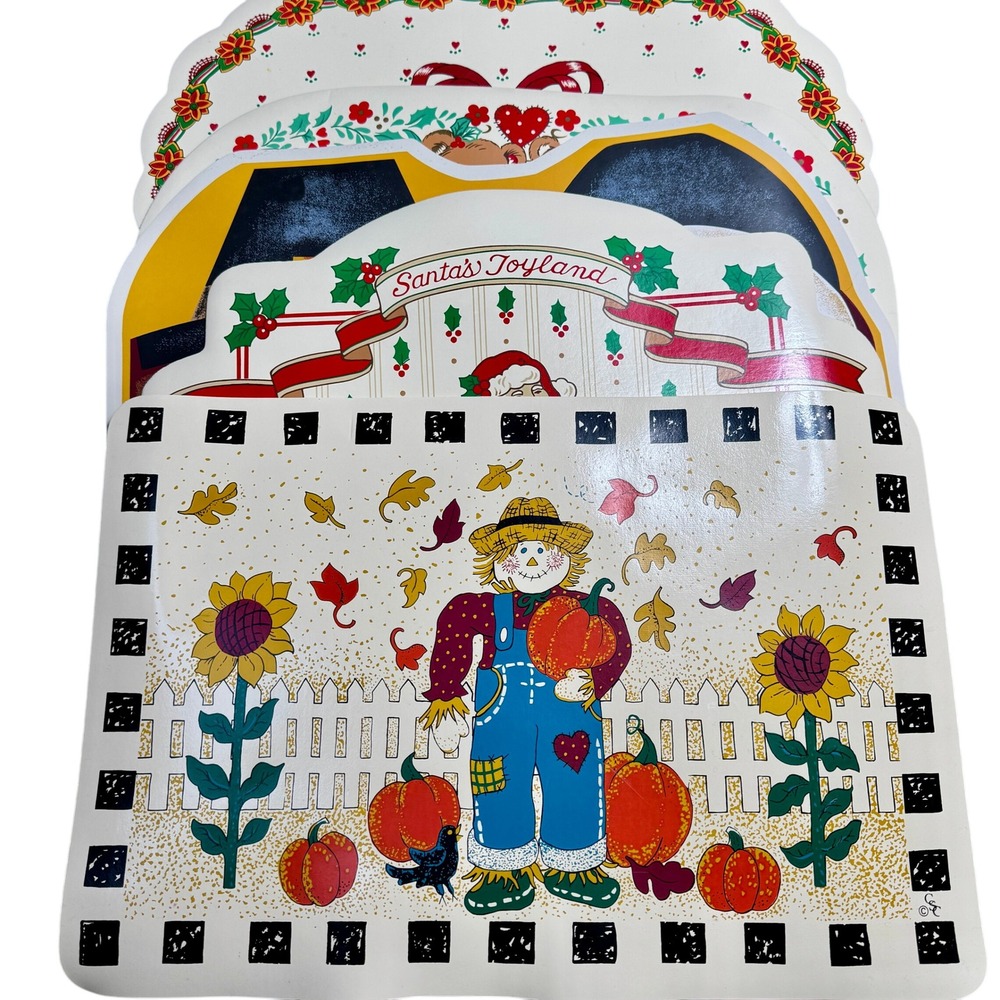 Placemats Vintage 6 Holiday Themed‎ Retro Scarecrow Santa Thanksgiving Christmas